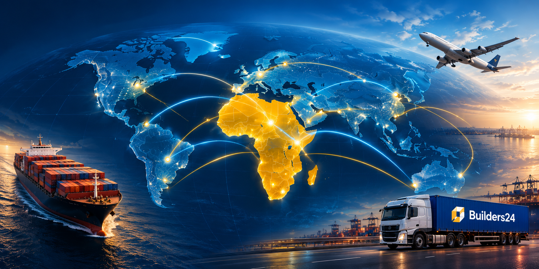 Global trade network map connecting Africa to the world by ship, air and road