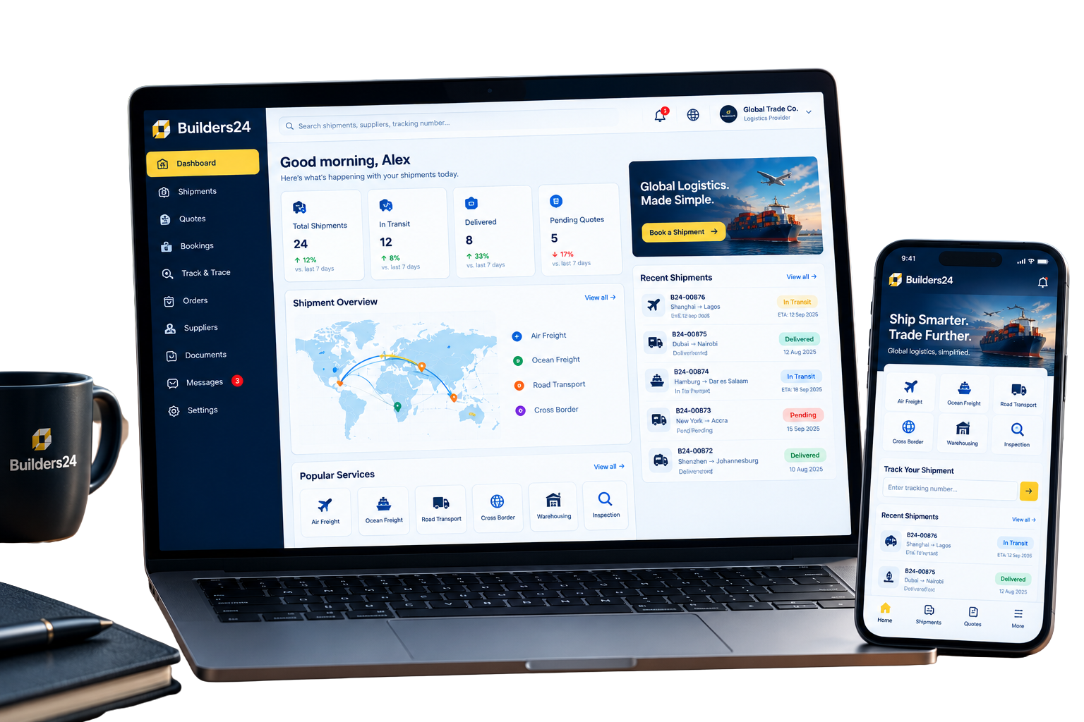 Builders24 Supply Chain dashboard shown on laptop and mobile, tracking shipments, quotes and bookings