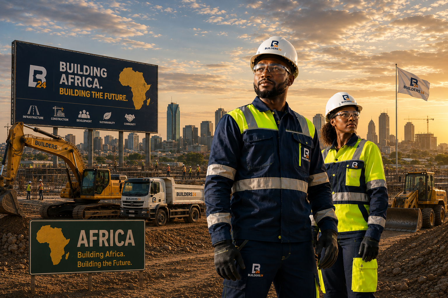 Construction contractor on a build site with crew and van